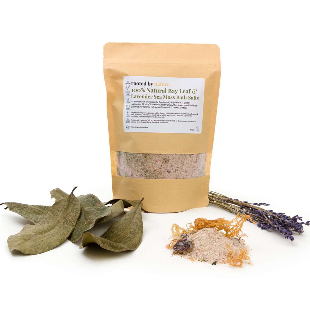 Organic Sea Moss Bath Salts with Bay Leaf & Lavender. A deeply relaxing and invigorating blend of freshly ground Bay Leaves & Organic Lavender, combined with pieces of our mineral rich, hand-harvested St Lucia Sea Moss. Enjoy the luxurious combination of Pink Himalayan and Epsom Salt working together to cleanse, soften and detoxify the body.